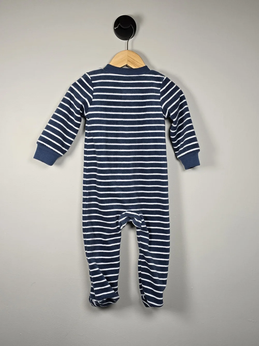Carter's Navy and White Striped Footed One-Piece Fleece with Bear Patch 9M
